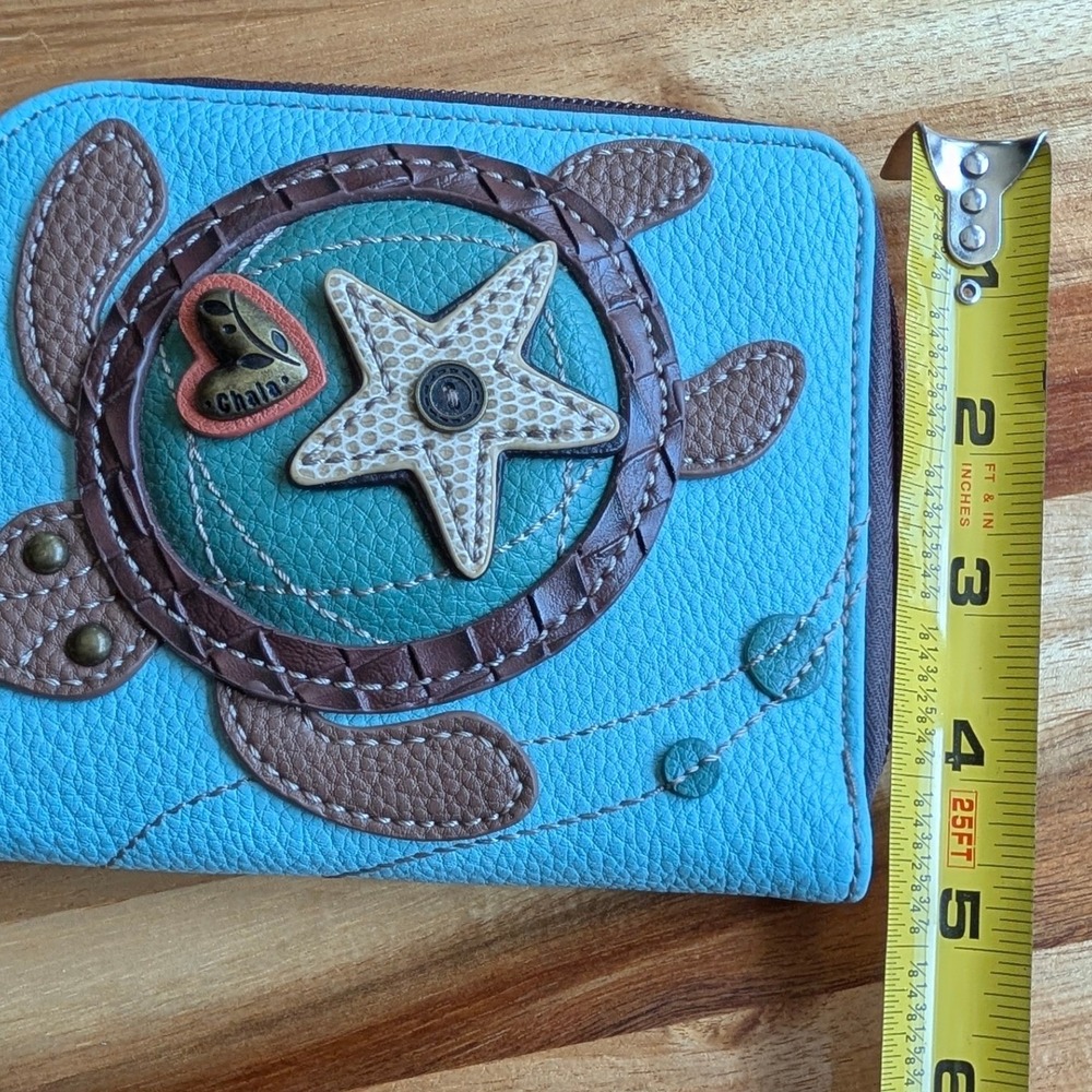 Chala Turtle Zip Around Wallet Wristlet Light Blue Faux Leather Star Charm - Picture 9 of 9